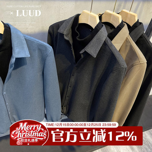 LUUD冬季假两件拼接毛呢料衬衣加厚半高领绅士休闲卫衣男保暖毛衫 - 图0