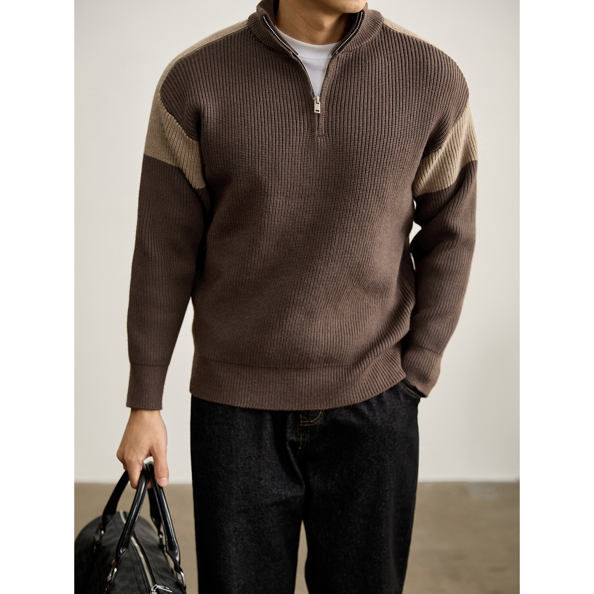 LUUD 美拉德色重磅820G半拉链立领毛衣男士撞色插肩袖设计针织衫,淘宝优惠券,粉丝福利购,淘宝优惠卷