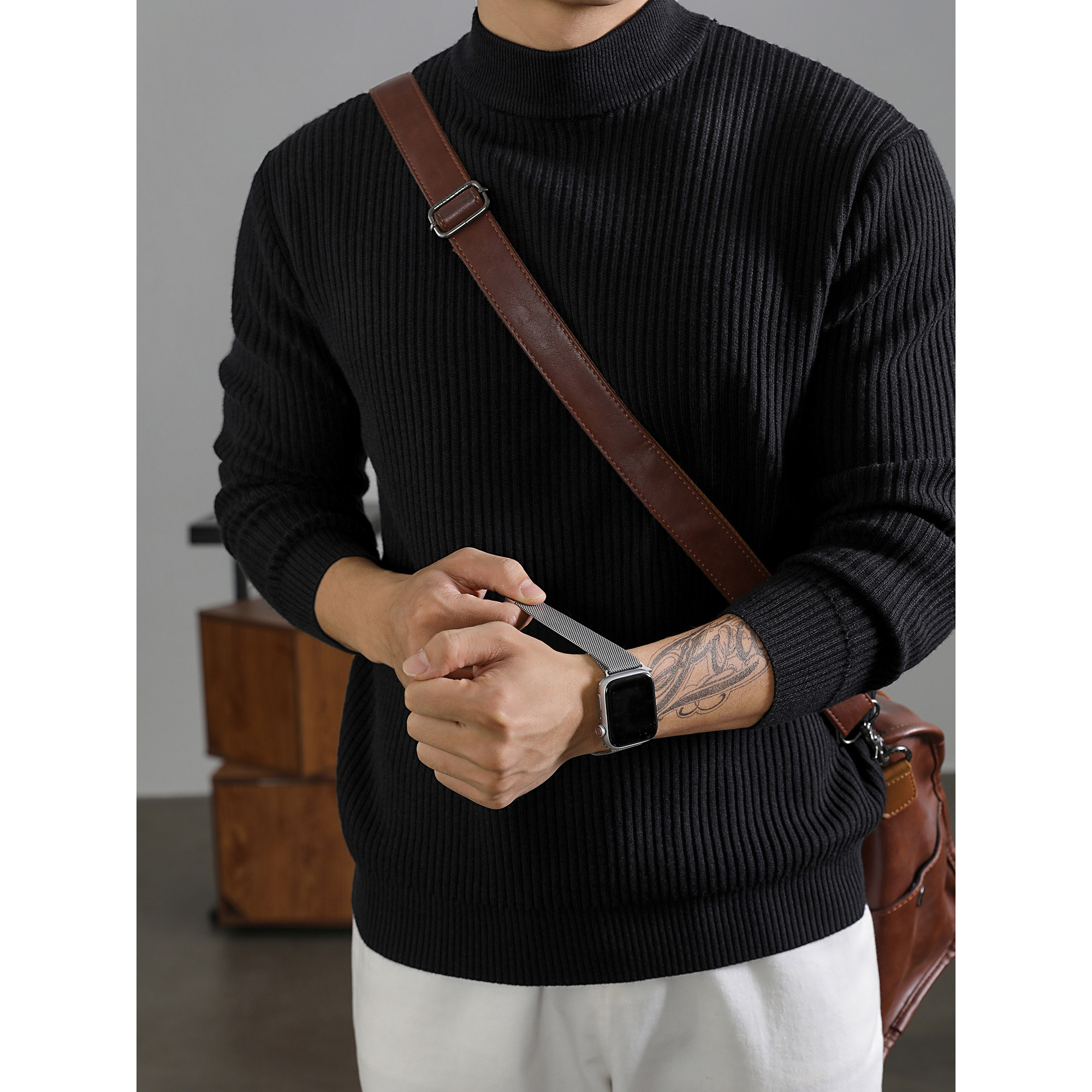 LUUD 半高领毛衣男冬季黑色内搭保暖潮流韩版竖条纹理打底针织衫,淘宝优惠券,粉丝福利购,淘宝优惠卷