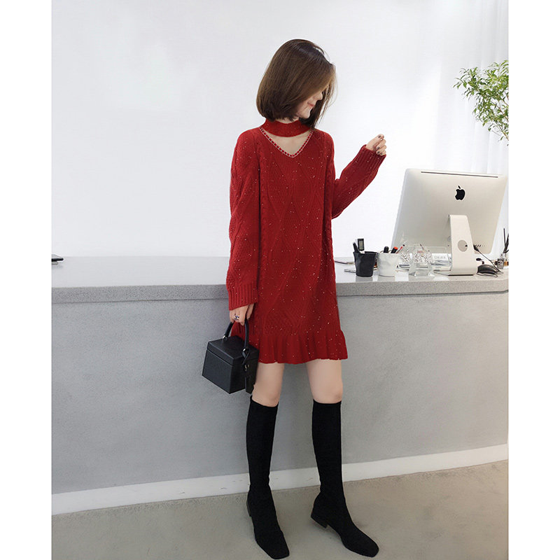 高级感法式v领红色针织直筒连衣裙 bobowaltz连衣裙