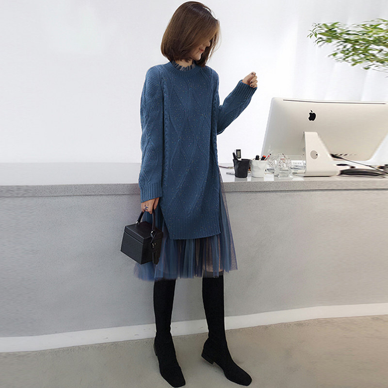 时尚网纱拼接中长打底针织女连衣裙 bobowaltz连衣裙