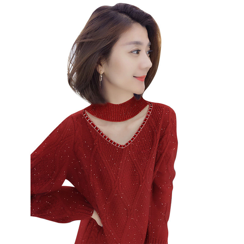 高级感法式v领红色针织直筒连衣裙 bobowaltz连衣裙