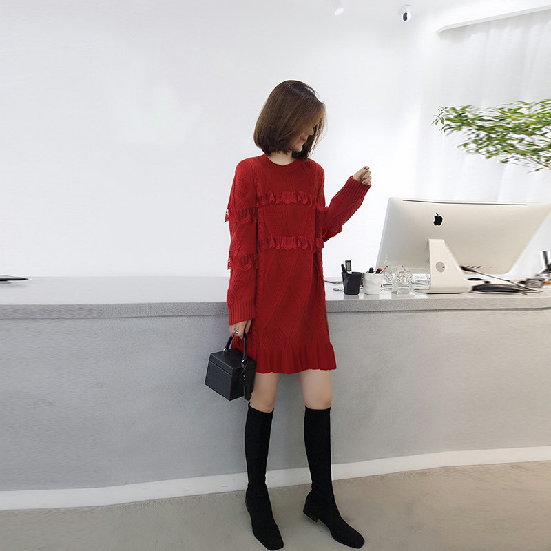 设计感小众毛衣裙荷叶边拼接长袖 bobowaltz连衣裙