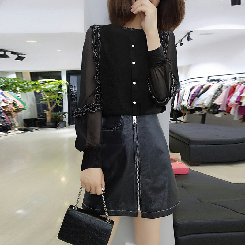 蕾丝袖拼接时尚网纱修身气质针织衫 bobowaltz毛针织衫