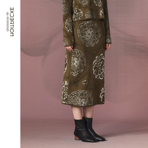 EXCEPTION例外女装2025冬季新品绵羊毛弹力撞色中式提花半身裙子 - 图0