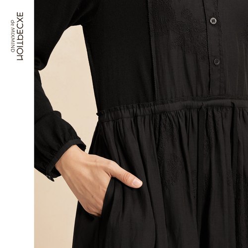 EXCEPTION例外女装羊毛连衣裙绣花抽绳褶皱设计POLO领宽松长裙子 - 图2
