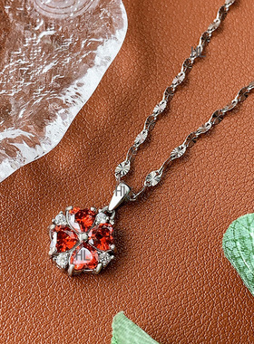 未晚纯银锁骨链女红色四叶草项链