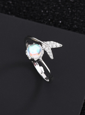 炫彩石人鱼尾开口戒指女个性食指戒人鱼眼泪指环天使之瞳银戒子