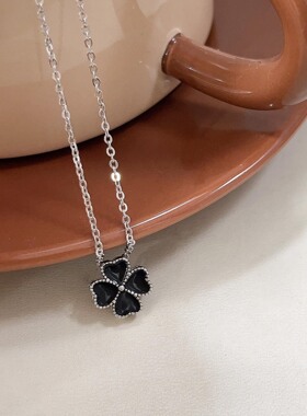 未晚纯银锁骨链女黑色四叶草项链