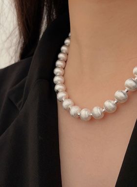 通体S925纯银圆球拉丝重工项链女独特夸张大银珠锁骨链小众高级感
