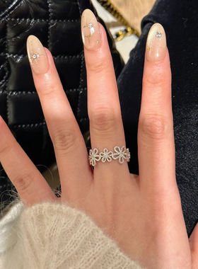 S925纯银蕾丝花环戒指女轻奢高级感精致镂空花朵指环开口