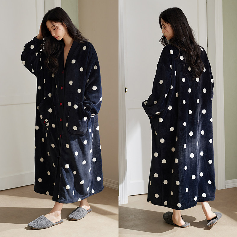 轩靓【抗静电】法兰绒睡袍女秋冬加绒加厚波点睡衣大码浴袍家居服,淘宝优惠券,粉丝福利购,淘宝优惠卷