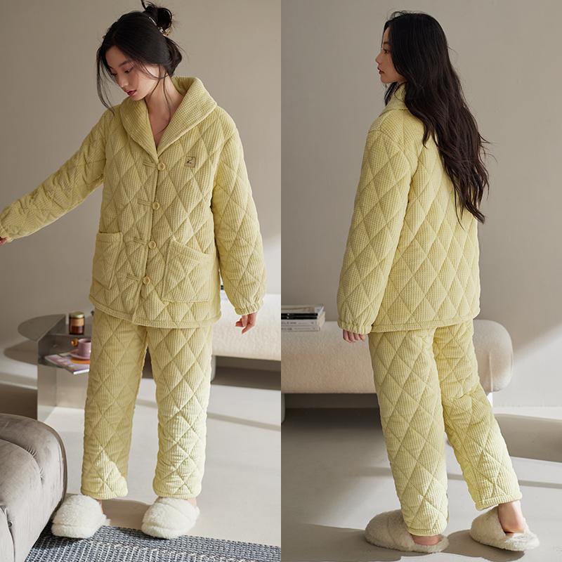 轩靓新中式睡衣女秋冬季加绒三层加厚夹棉袄珊瑚绒保暖家居服套装 - 图2