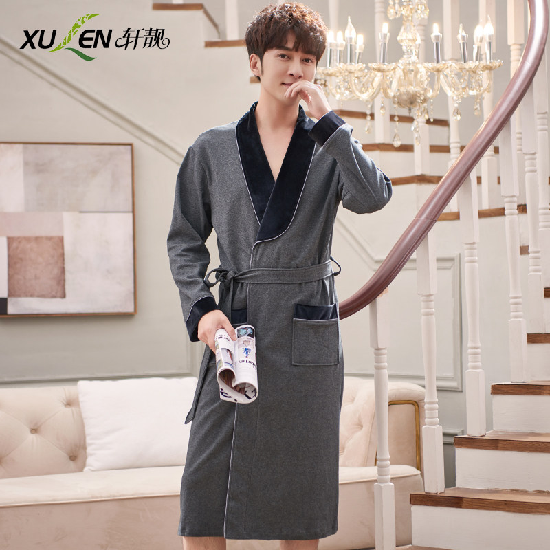 男士春秋季纯棉长袖长款连体睡袍 轩靓睡袍/浴袍