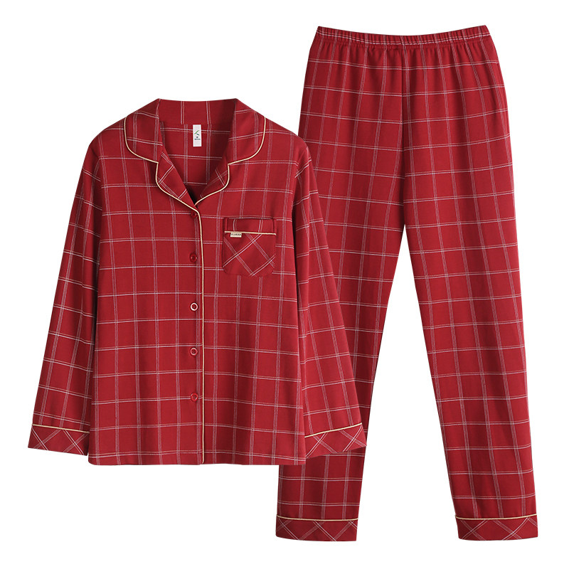 情侣结婚大红色纯棉长袖格子睡衣 轩靓睡衣/家居服套装