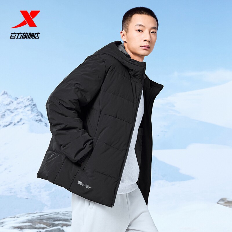 特步连帽羽绒服男女款冬季新款情侣运动黑色上衣保暖棉服防风外套