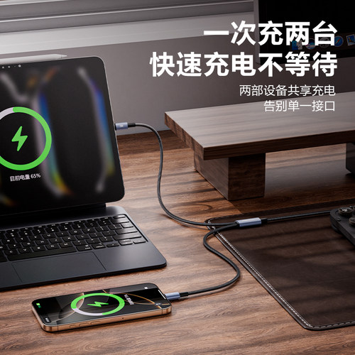 品胜双头Type-C数据线二合一快充PD100W充电线一拖二c to 2c多头车载适用苹果iPhone17/16手机ipad华为笔记本 - 图0