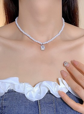 甜酷风几何吊坠珍珠项链女轻奢高