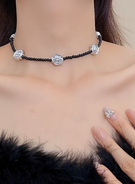 新中式复古玫瑰花黑色串珠项链温