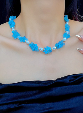 不规则蓝色碎石串珠项链女小众设