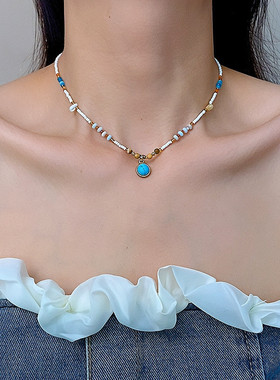 小众设计天然石松石串珠项链高级