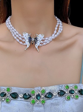 法式镶钻蝴蝶吊坠多层珍珠项链温