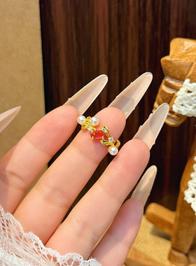 超闪椭圆锆石珍珠枝叶戒指女