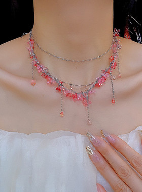 潮流精致粉色串珠叠戴流苏项链女