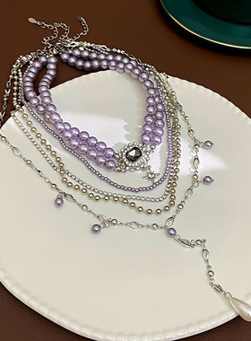 时尚灰珍珠多层叠戴项链choker轻