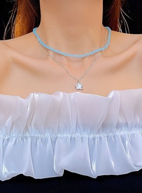 蓝色天然石金属花朵项链双层叠戴