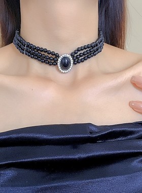 复古风几何镶钻椭圆黑色珍珠项链