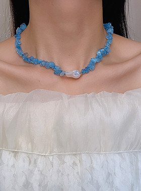 蓝色手工串珠项链小众锁骨链夏日