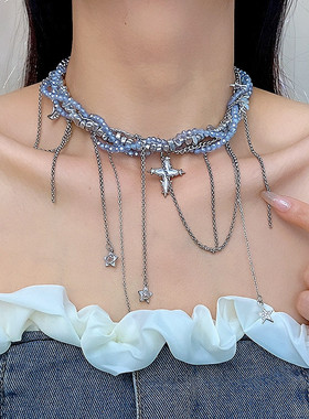 项链甜酷流苏十字架串珠轻奢颈链