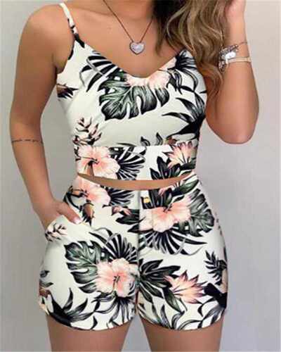 Summer Women Fashion 2-piece Outfit Set Sleeveless Print Top - 图2
