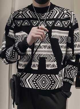 Letter Jacquard Men's Knitted Sweater Round Neck Long Sleeve