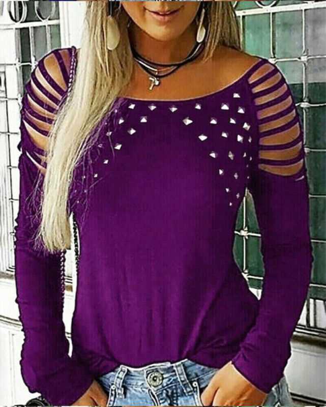 Women Rivet Sequins Cold Shoulder Shirts Fashion Ladies Long - 图2