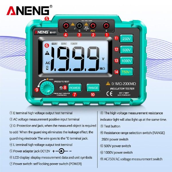 ANENG MH11 1M Insulation Earth Resistance Tester Digital - 图3