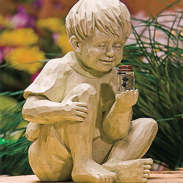 A Kid With Solar Fireflies Garden Statue Resin Jar Boy Girl - 图1