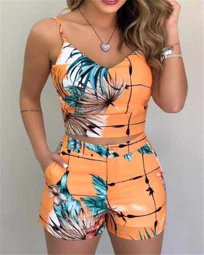 Summer Women Fashion 2-piece Outfit Set Sleeveless Print Top - 图3