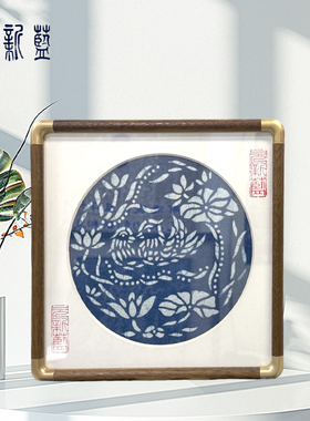 鸳鸯戏荷摆台【南通蓝印花布】非遗文创相框摆台画框摆件手工艺品
