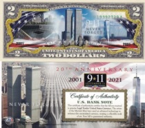 New 2021 US $2 True Color New Color Banknote Commemorating 911 The 20 Anniversary Of The 911 Incident (No Register)