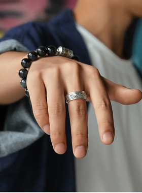 男女纯银民族风转动旋转龙戒指