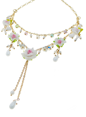 双层花朵水滴流苏小众设计项链