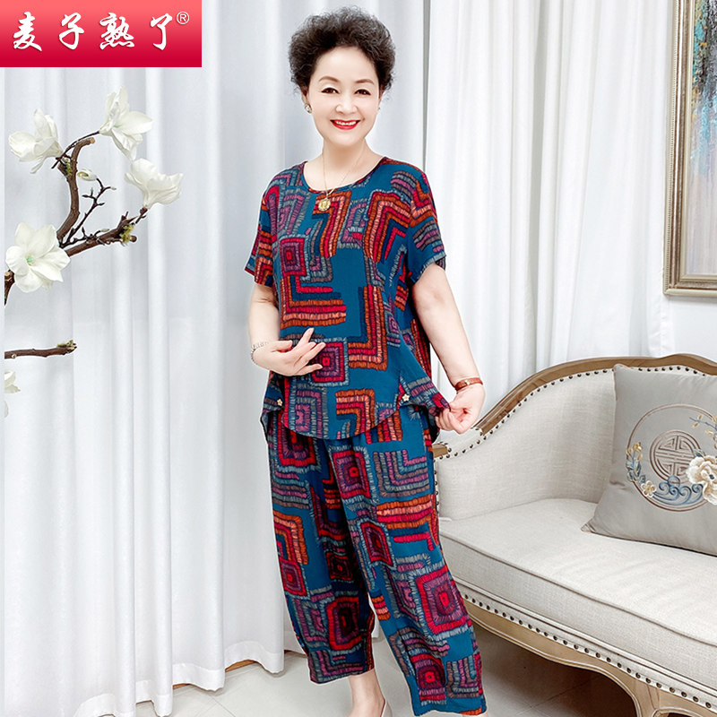 中老年人女装夏装短袖棉绸两件套 麦子熟了中老年女装