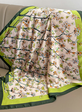 花丛蝴蝶绿色丝巾小方巾职业领巾