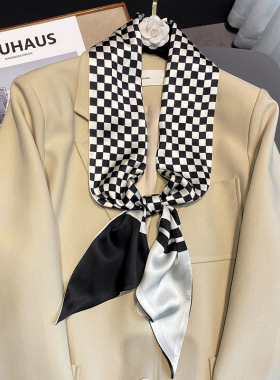 网红黑白棋盘格子长条小丝巾女百搭双面小领巾围巾春秋配衬衫领巾