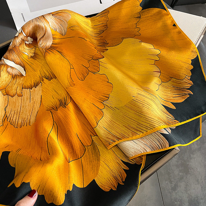 夏季新款蓝色牡丹花朵100%70丝巾 笛菲围巾/丝巾/披肩