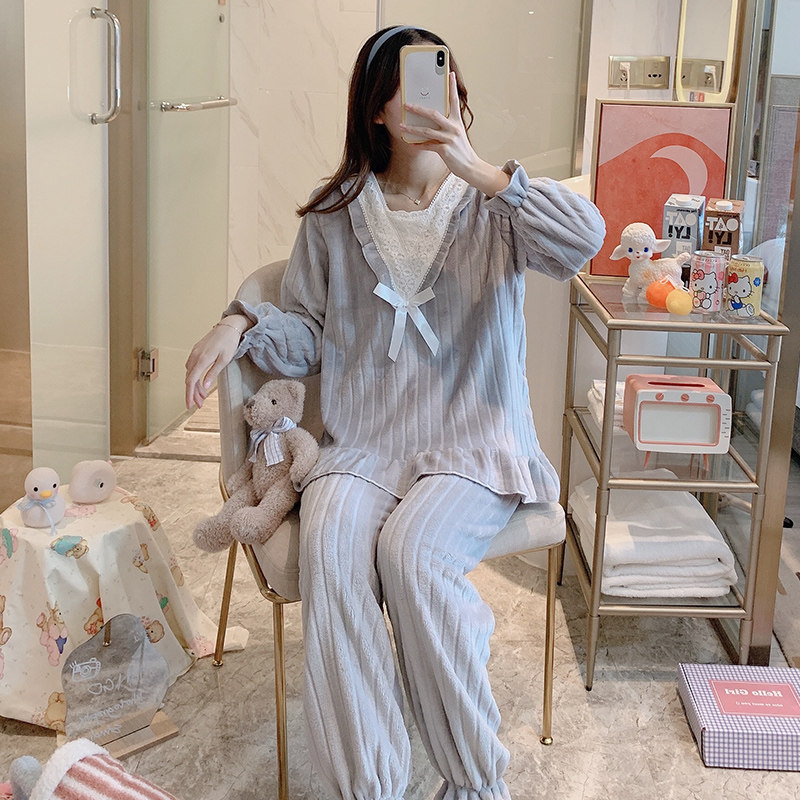 秋冬季韩版法兰绒公主风珊瑚绒睡衣 花木蝶睡衣/家居服套装