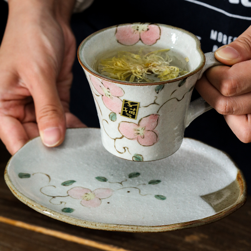 日本进口Bloom手绘陶瓷咖啡杯釉下彩樱花日式复古带碟茶杯水杯 - 图0