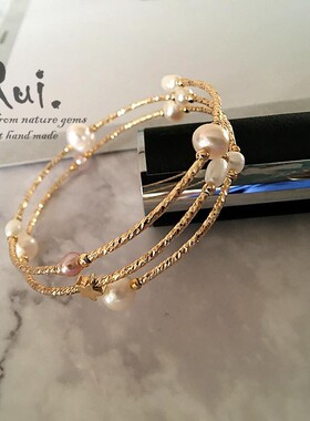 水晶包金弹力手镯天然珍珠